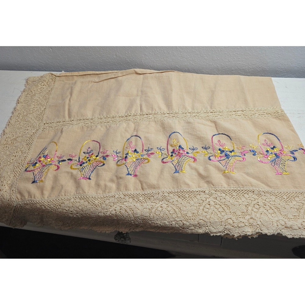 Vintage Hand Embroidered Linen Table Runner Crochet Lace Flower Colorful Baskets